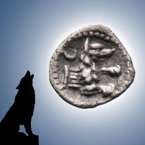 Obol von Laranda mit Wolfprotome. (c) Münze: Privatsammlung / Foto Katharina Martin Hintergrund pixabay / ZAIDoopro