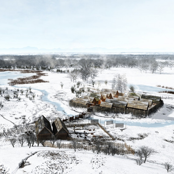 Rekonstruktion der jungsteinzeitlichen Feuchtbodensiedlung von Pestenacker. &copy; Kastenhof Landau / Illustration: Mikko Kriek